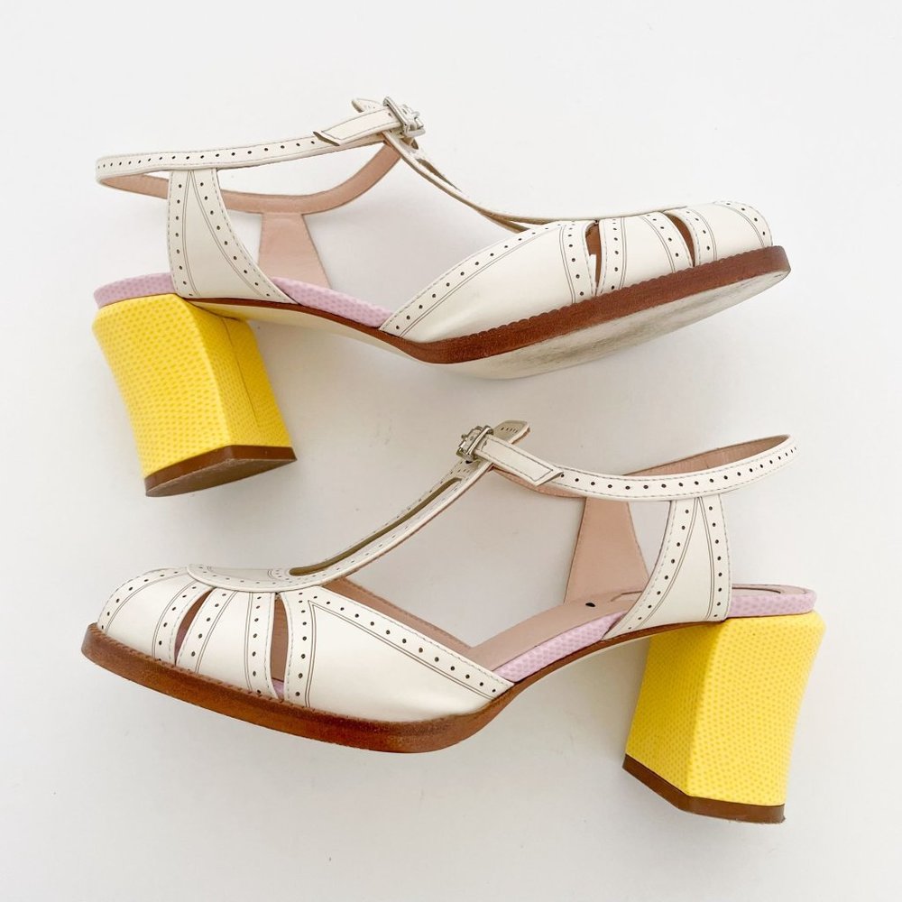 Fendi Chameleon Pumps EU 36 US 6 Cream Yellow Mary Jane Block Mid Heel Sandal - Picture 9 of 13